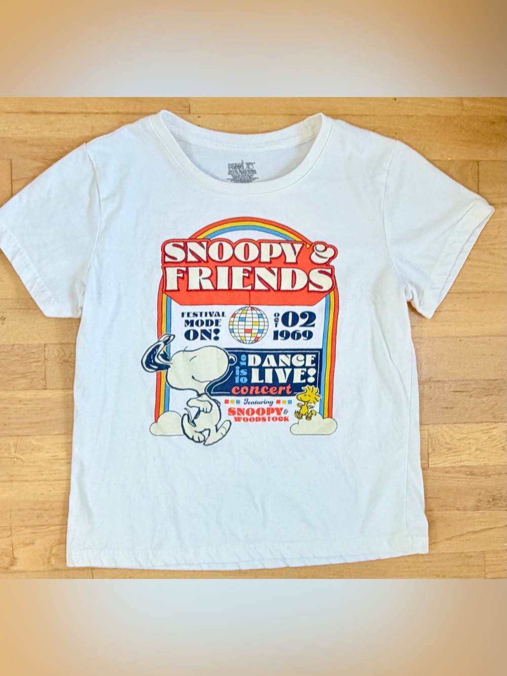 Y2K Peanuts Snoopy Woodstock Festival Baby Tee Women’s S Retro 1969 Graphic